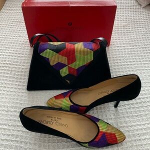 Vintage Charles Jourdan Heels with Matching Bag * Multi-color * Leather/Suede
